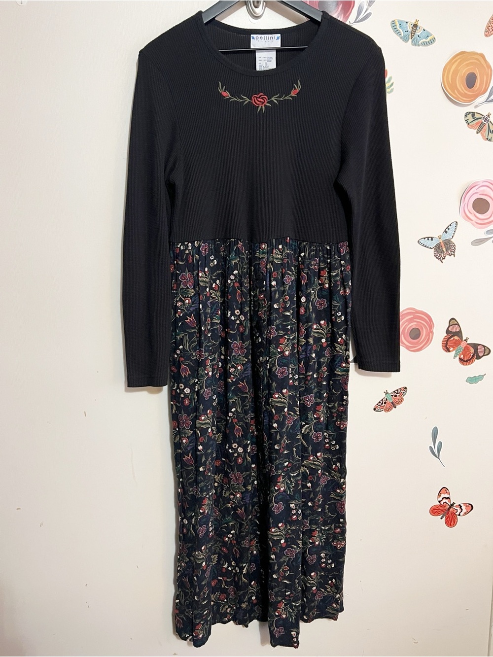 Vintage Black Floral Maxi Dress with Embroidered Thermal Long Sleeve Bodice 10 - Picture 2 of 11